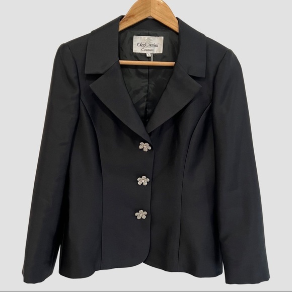 Oleg Cassini Couture Black Satin Fitted Blazer US4 Jackets Coats